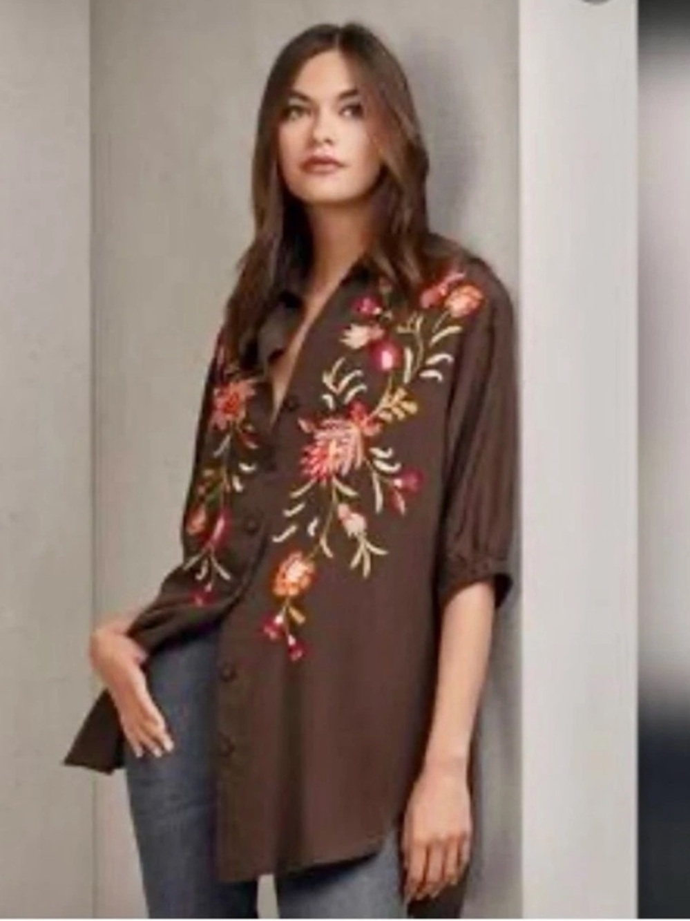 Johnny Was Rosalva Oversized Weekend Tunic Blouse Silk Floral Embroidery Brown L